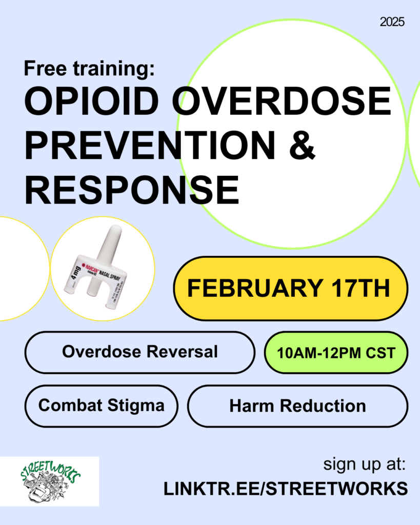 Flyer for free opioid overdose prevention & response training  February 17th from 10am-12pm CST overdose reversal combat stigma harm reduction